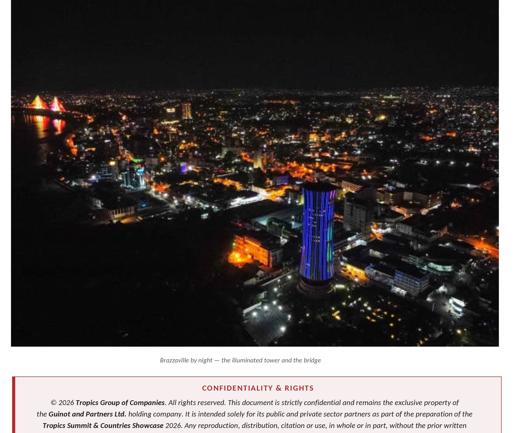 Brazzaville by night — the illuminated tower and the bridge
